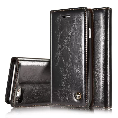 Caseme Oil Wallet &eacute;tui en cuir compatible avec iPhone 7 8 SE 2020 SE 2022 - Biblioth&egrave;que Noir