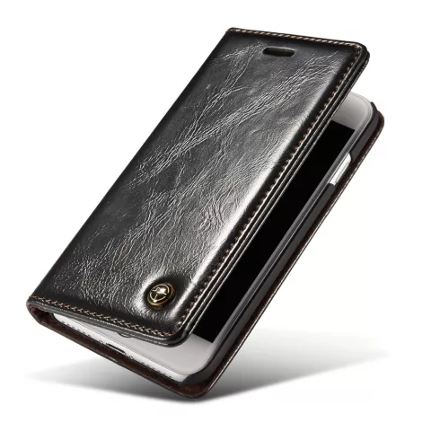 Caseme Oil Wallet &eacute;tui en cuir compatible avec iPhone 7 8 SE 2020 SE 2022 - Biblioth&egrave;que Noir