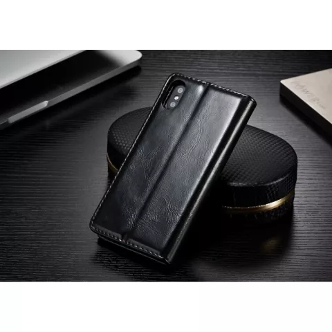 Caseme Oil Wallet &eacute;tui en cuir compatible avec iPhone X XS - Biblioth&egrave;que Noir