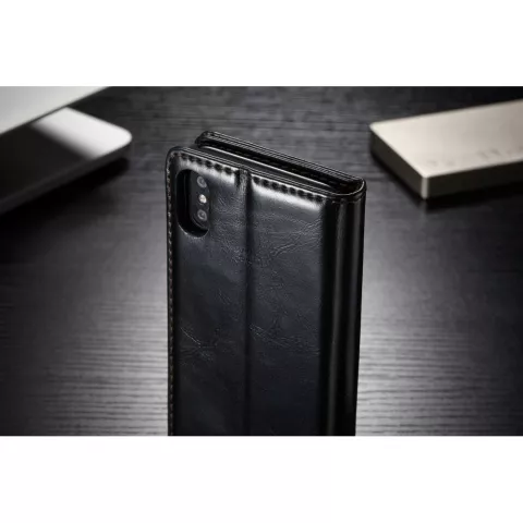 Caseme Oil Wallet &eacute;tui en cuir compatible avec iPhone X XS - Biblioth&egrave;que Noir