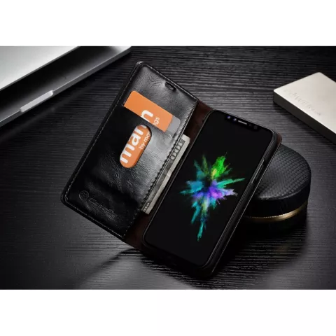 Caseme Oil Wallet &eacute;tui en cuir compatible avec iPhone X XS - Biblioth&egrave;que Noir
