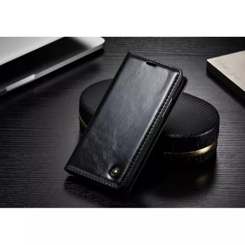 Etui portefeuille en cuir Caseme Oil iPhone X XS - Biblioth&egrave;que Noir