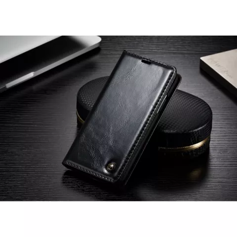 Caseme Oil Wallet &eacute;tui en cuir compatible avec iPhone X XS - Biblioth&egrave;que Noir