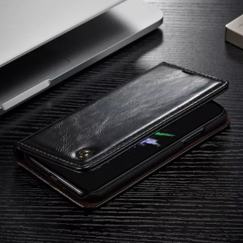 Caseme Oil Wallet &eacute;tui en cuir compatible avec iPhone X XS - Biblioth&egrave;que Noir