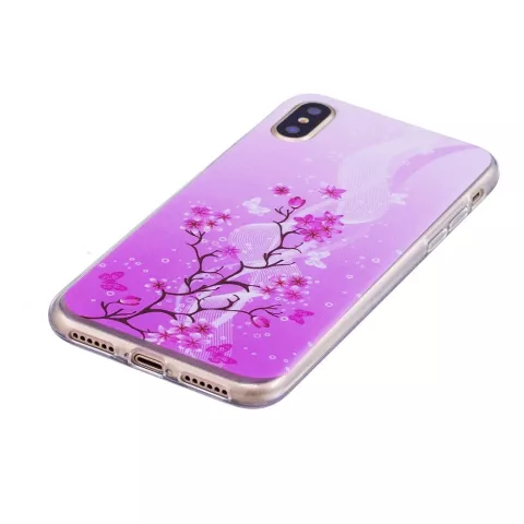 Coque TPU Branche de Fleurs compatible avec iPhone X XS - Violet Rose