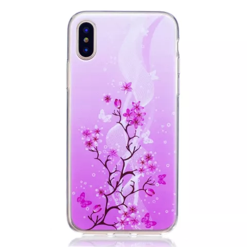 Coque TPU Branche de Fleurs compatible avec iPhone X XS - Violet Rose