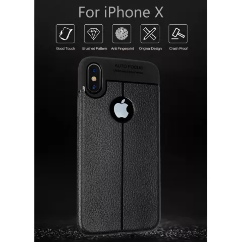 Coque iPhone X XS en TPU Litchi Grain en cuir - Noire