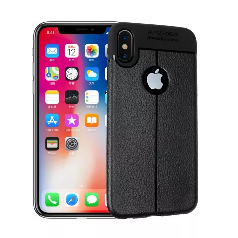 Coque iPhone X XS en TPU Litchi Grain en cuir - Noire