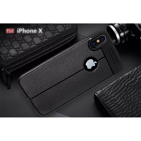 Coque iPhone X XS en TPU Litchi Grain en cuir - Noire