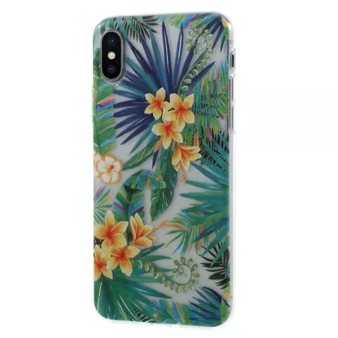Coque fleurs feuilles tropicales compatible avec iPhone X XS - Transparente