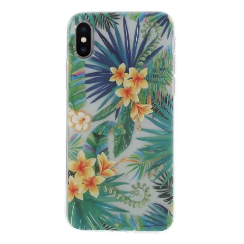 Coque fleurs feuilles tropicales compatible avec iPhone X XS - Transparente
