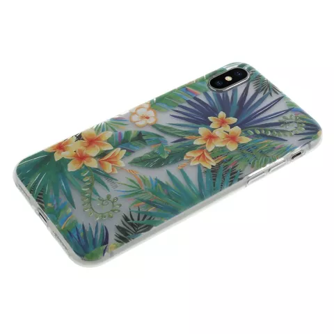 Coque fleurs feuilles tropicales compatible avec iPhone X XS - Transparente