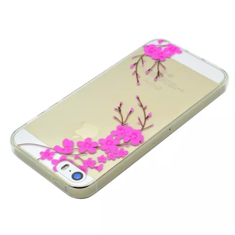 Coque gracieuse en TPU avec branche fleurie compatible avec iPhone 5 5s SE 2016 - Rose transparent