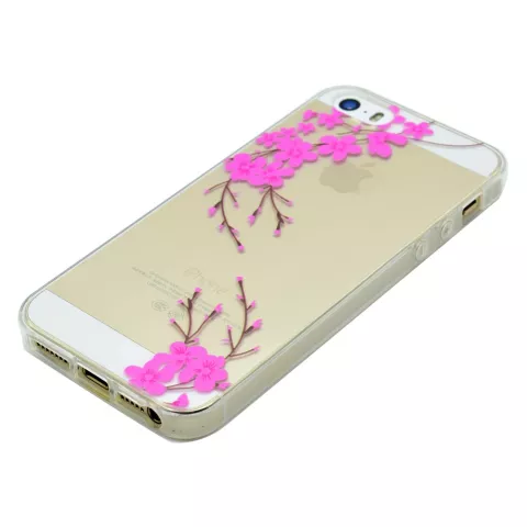 Coque gracieuse en TPU avec branche fleurie compatible avec iPhone 5 5s SE 2016 - Rose transparent