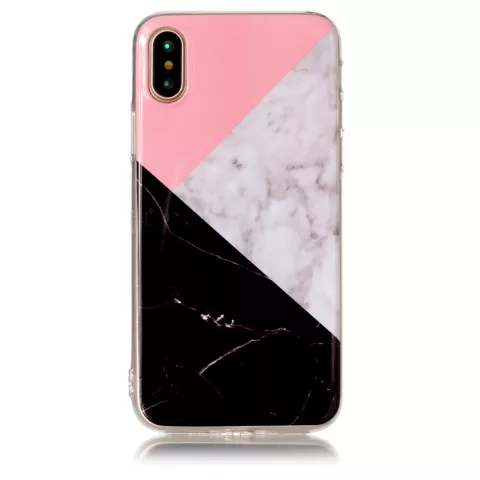 Coque en marbre &agrave; surfaces g&eacute;om&eacute;triques compatible avec iPhone X XS - Rose Blanc Noir
