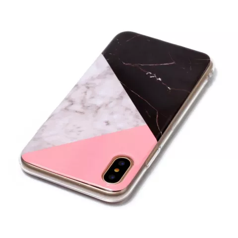Coque en marbre &agrave; surfaces g&eacute;om&eacute;triques compatible avec iPhone X XS - Rose Blanc Noir