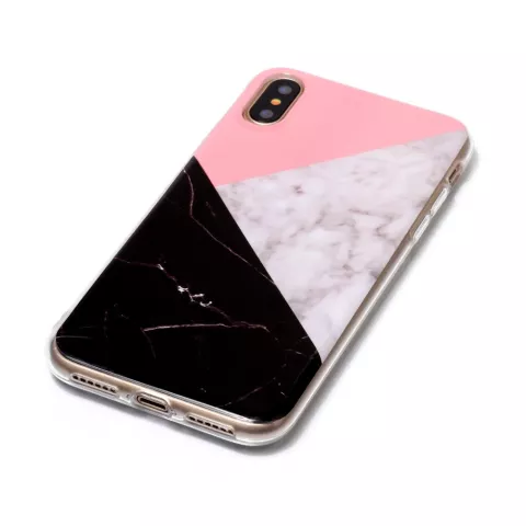 Coque en marbre &agrave; surfaces g&eacute;om&eacute;triques compatible avec iPhone X XS - Rose Blanc Noir