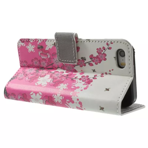 Blossom Bees compatible avec iPhone 5 5s SE 2016 &eacute;tui portefeuille en cuir artificiel - Rose Blanc