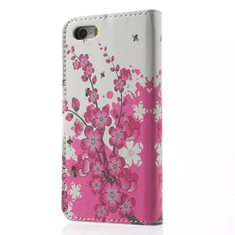 Etui Portefeuille en Cuir Artificiel pour iPhone 5 5s SE 2016 Blossom Bees - Rose Blanc