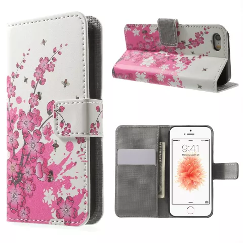 Etui Portefeuille en Cuir Artificiel pour iPhone 5 5s SE 2016 Blossom Bees - Rose Blanc