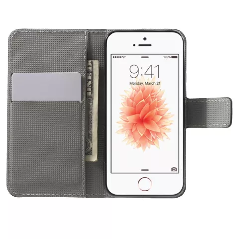 Etui Portefeuille en Cuir Artificiel pour iPhone 5 5s SE 2016 Blossom Bees - Rose Blanc