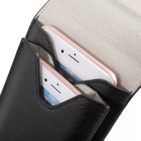 Pochette en cuir double couverture compatible avec iPhone universel - Mousqueton noir