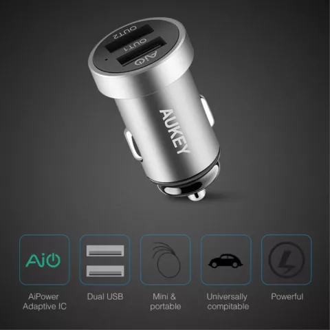 Chargeur de voiture universel double USB Aukey 2,4 amp&egrave;res - Gris