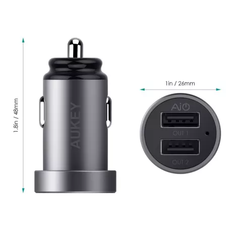 Chargeur de voiture universel double USB Aukey 2,4 amp&egrave;res - Gris
