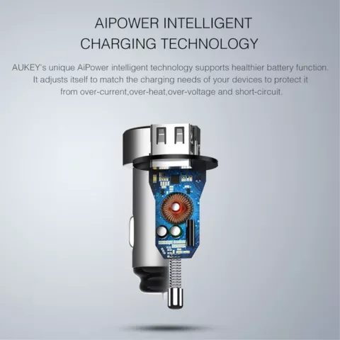 Aukey Universal Dual USB Car Charger 2.4 Amp&egrave;re - Gris