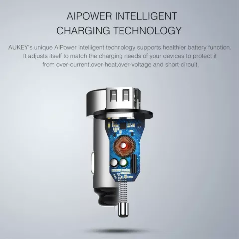 Chargeur de voiture universel double USB Aukey 2,4 amp&egrave;res - Gris