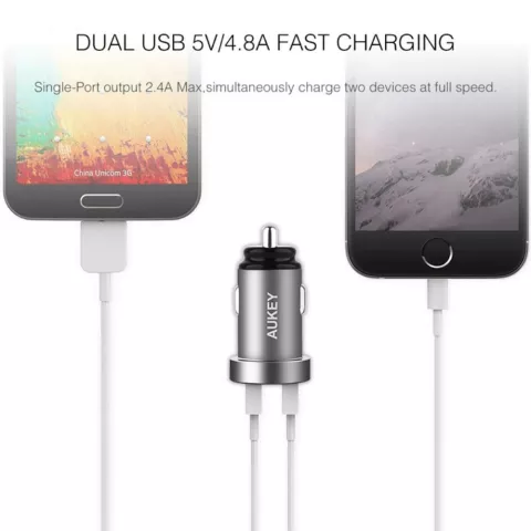 Chargeur de voiture universel double USB Aukey 2,4 amp&egrave;res - Gris