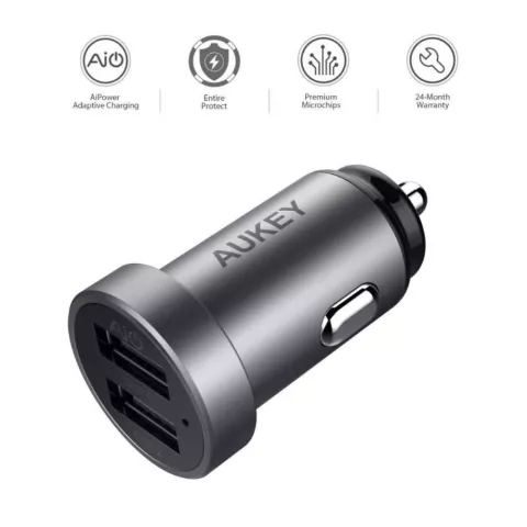 Chargeur de voiture universel double USB Aukey 2,4 amp&egrave;res - Gris