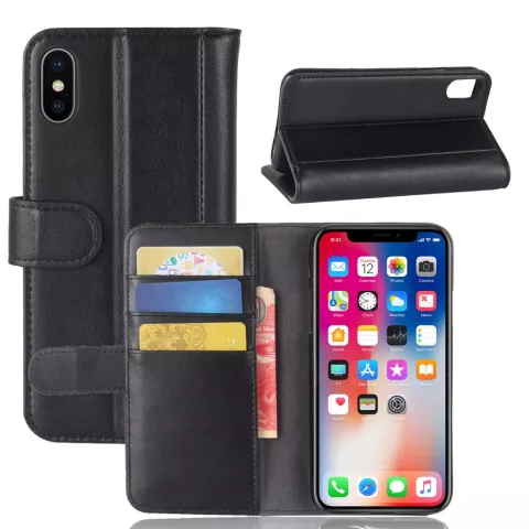 &Eacute;tui &agrave; cartes portefeuille en cuir v&eacute;ritable compatible avec iPhone X XS - Noir