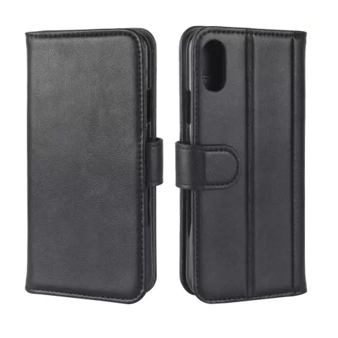 Etui portefeuille en cuir v&eacute;ritable pour iPhone X XS - Noir