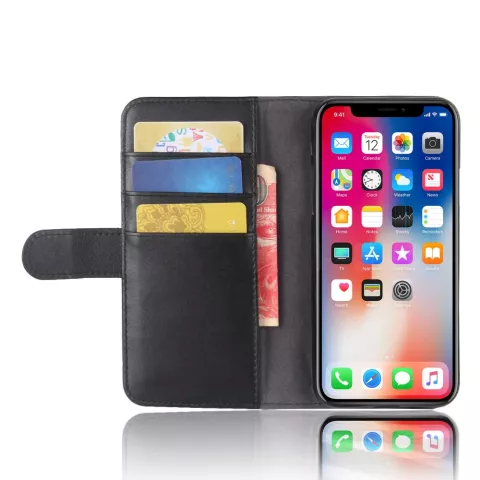 &Eacute;tui &agrave; cartes portefeuille en cuir v&eacute;ritable compatible avec iPhone X XS - Noir