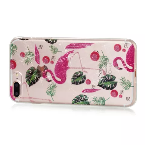 Coque en TPU &agrave; paillettes tropicales Flamingo compatible avec iPhone 7 Plus 8 Plus - Rose Transparent Vert