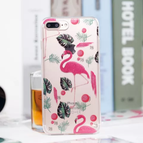 Coque en TPU &agrave; paillettes tropicales Flamingo compatible avec iPhone 7 Plus 8 Plus - Rose Transparent Vert