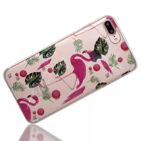 &Eacute;tui TPU Flamingo Tropical Glitter pour iPhone 7 Plus 8 Plus - Transparent Rose Vert