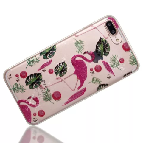 Coque en TPU &agrave; paillettes tropicales Flamingo compatible avec iPhone 7 Plus 8 Plus - Rose Transparent Vert