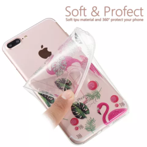 Coque en TPU &agrave; paillettes tropicales Flamingo compatible avec iPhone 7 Plus 8 Plus - Rose Transparent Vert