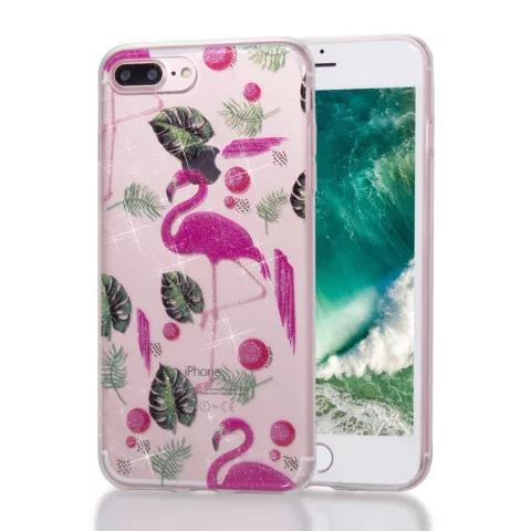 Coque en TPU &agrave; paillettes tropicales Flamingo compatible avec iPhone 7 Plus 8 Plus - Rose Transparent Vert