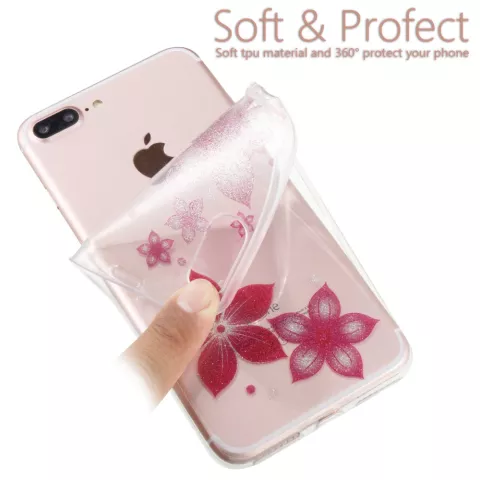 Coque TPU Fleur Paillet&eacute;e compatible avec iPhone 7 Plus 8 Plus - Rose Transparent