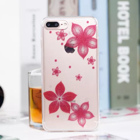Coque TPU Fleur Paillet&eacute;e compatible avec iPhone 7 Plus 8 Plus - Rose Transparent