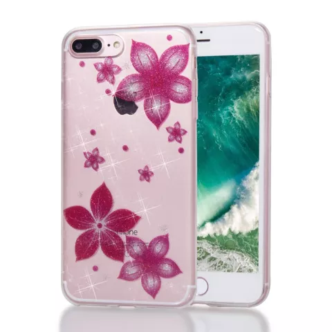Coque TPU Fleur Paillet&eacute;e compatible avec iPhone 7 Plus 8 Plus - Rose Transparent