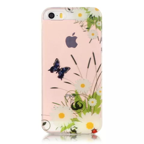 Marguerites papillon transparentes coque en TPU compatible avec iPhone 5 5s SE 2016 - Blanc Vert