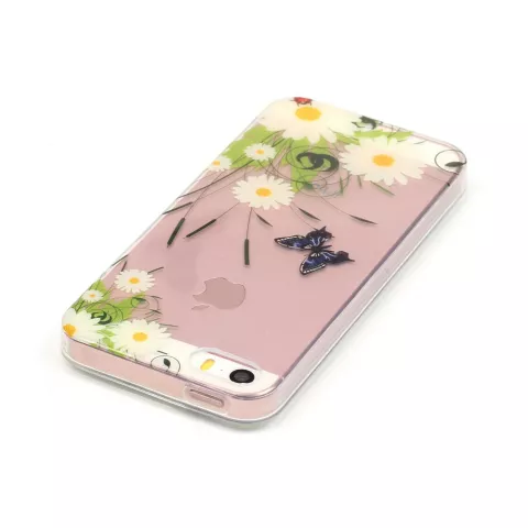 Coque iPhone 5 5s SE 2016 Transparent Butterfly Daisies - Blanc Vert