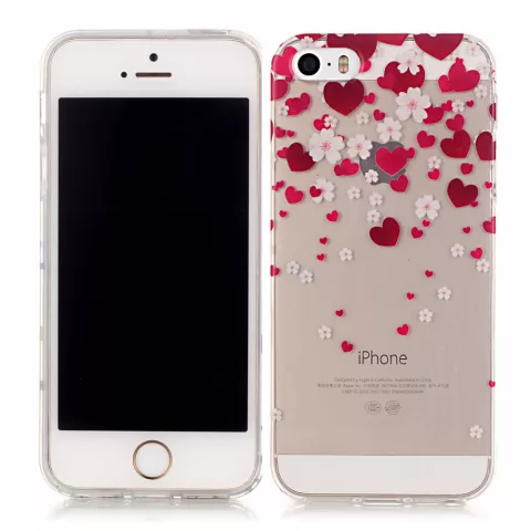 Coque en TPU Hearts Love Flowers compatible avec iPhone 5 5s SE 2016 - Transparent Rouge Rose