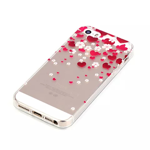 Coque en TPU Hearts Love Flowers compatible avec iPhone 5 5s SE 2016 - Transparent Rouge Rose