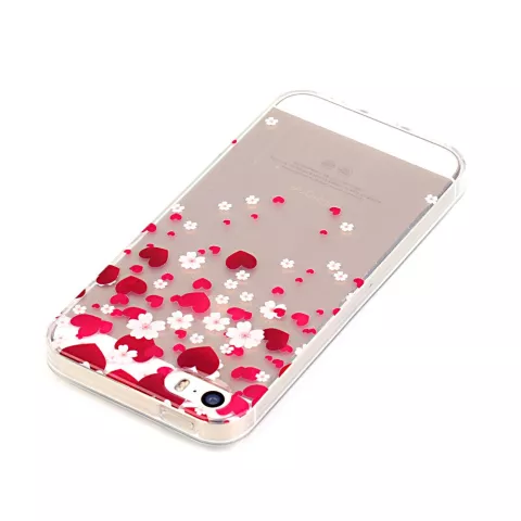 Coque en TPU Hearts Love Flowers compatible avec iPhone 5 5s SE 2016 - Transparent Rouge Rose