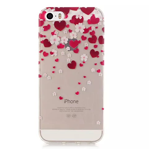 Coque en TPU Hearts Love Flowers compatible avec iPhone 5 5s SE 2016 - Transparent Rouge Rose